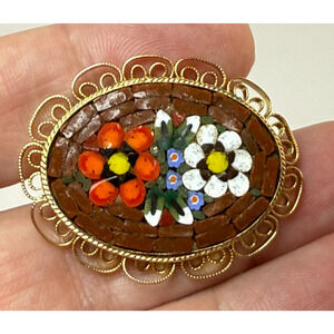 Vintage Oval Micro Mosaic Filigree Brooch Pin Italian Brick Red Orange Floral